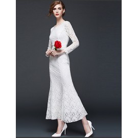 Women's Sexy Lace Halter Hollowing Round Neck Long Sleeve Party Cocktail Long Dress