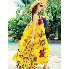 Beach Swing Dress,Print Maxi Sleeveless Yellow Summer Inelastic Thin