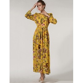 Women's Casual/Daily Swing Dress,Floral Crew Neck Maxi Long Sleeve Red / Yellow Polyester Spring