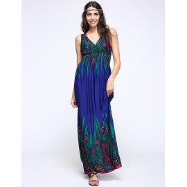 Women's Print Blue/Orange/Purple Dress,Maxi Deep V Sleeveless 