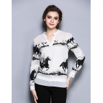 Women's Casual/Daily Simple Fall ShirtPrint V Neck Long Sleeve White Special Leather Types Medium