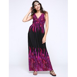 Women's Print Blue/Orange/Purple Dress,Maxi Deep V Sleeveless 