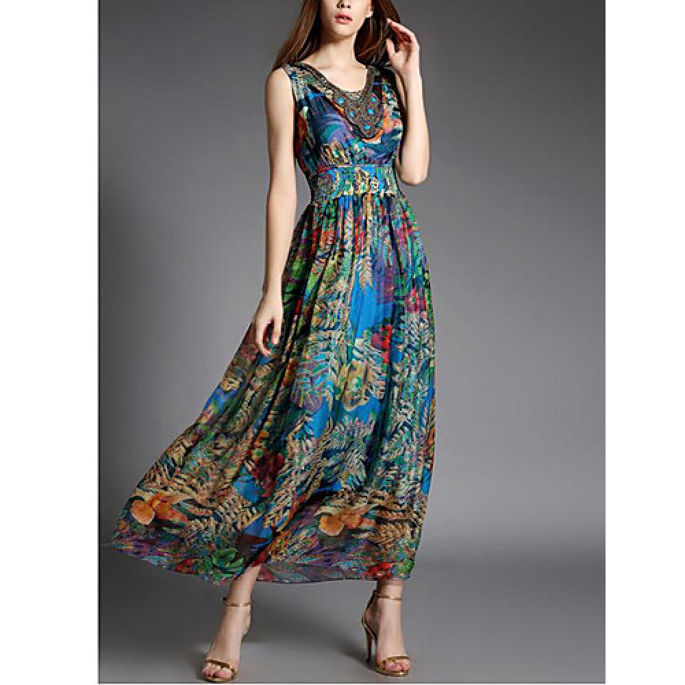 Going out Street chic Sheath Dress,Print V Neck Maxi Sleeveless Blue Silk Summer High Rise