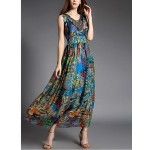 Going out Street chic Sheath Dress,Print V Neck Maxi Sleeveless Blue Silk Summer High Rise