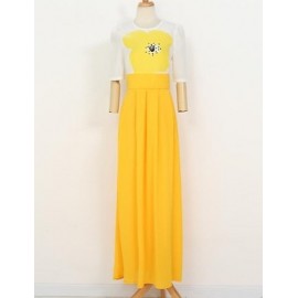 Women's Fashion Round Neck Print Color Block Swing Maxi Dress