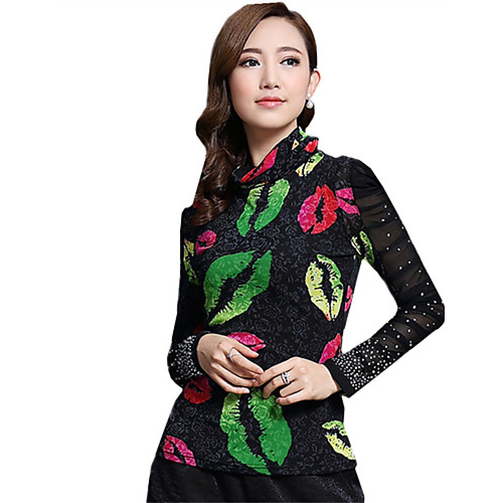 Fall Spring Going out Casual Plus Size Women's Tops Turtleneck Long Sleeve Printing Slim Blouse Black