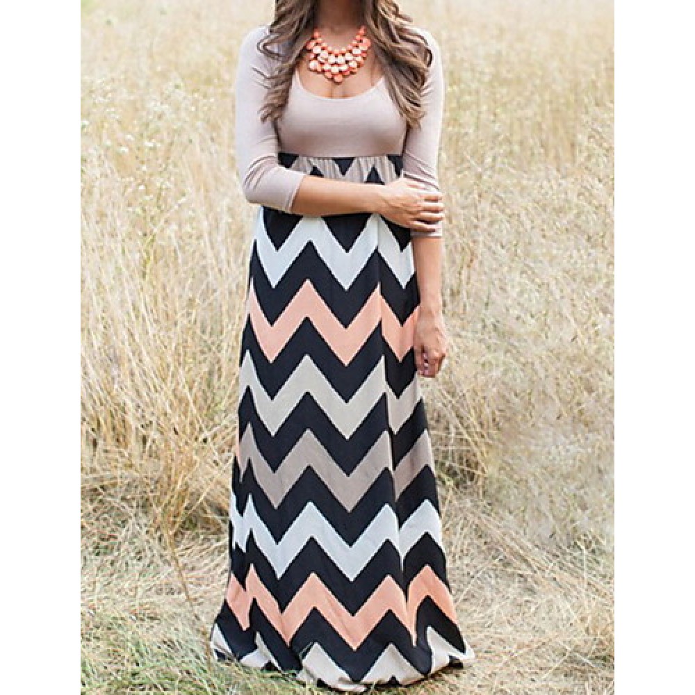 Women's Beach Loose Dress,Striped / Print Round Neck Maxi Long Sleeve Gray / Green Cotton Fall