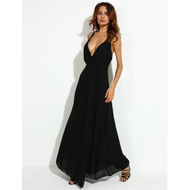 Women's Party/Cocktail Sexy Loose Dress,Solid V Neck Maxi Sleeveless Black Polyester Summer