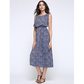 Women's Casual/Daily / Holiday / Plus Size Boho Chiffon / Swing Dress,Print Round Neck Midi Sleeveless Blue Polyester Summer High Rise