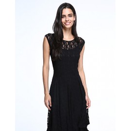 Women's Beach Lace / Skater Dress,Solid Round Neck Maxi Sleeveless Blue / Black Acrylic Spring