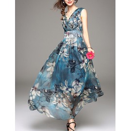 Going out Simple Sheath Dress,Print V Neck Maxi Sleeveless Blue / Red Polyester Summer Mid Rise