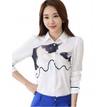 Women's Wild Cartoon Cat Print Plus Size Long Sleeve Chiffon Shirt