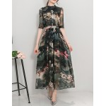 Women's Going out Vintage Swing Dress,Print Stand Maxi ? Sleeve Multi-color Polyester Summer