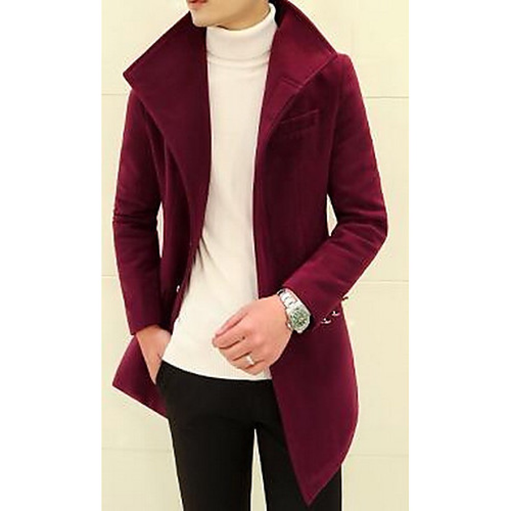 Men's Going out / Casual/Daily Simple Trench Coat,Solid Shirt Collar Long Sleeve Fall / Winter Blue / Red / Black / Gray Cotton