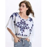 Women's Causal Loose Print Round Neck Lace Big Sleeve Blouse