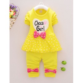 Girl's Cotton Spring/Autumn Casual Bowknot Cartoon Patchwork Long Sleeve T Shirt And Pants Two-piece Set  