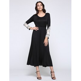 Women's Casual/Daily Simple Little Black / Swing Dress,Patchwork Round Neck Maxi Long Sleeve Black Polyester / Spandex Spring Mid Rise