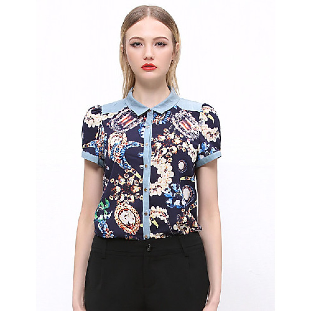 Women's Going out Vintage Summer ShirtPrint Shirt Collar Short Sleeve Blue / Green Cotton / Polyester Opaque