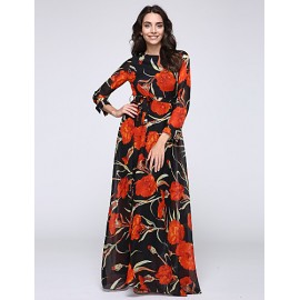 Women‘s Beach Trumpet/Mermaid Dress,Patchwork Stand Maxi Long Sleeve Orange Spandex Spring