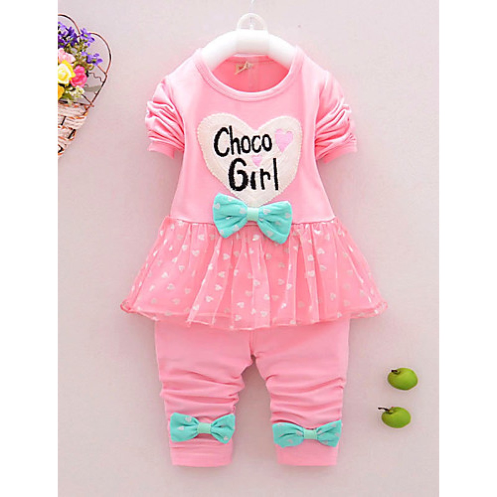 Girl's Cotton Spring/Autumn Casual Bowknot Cartoon Patchwork Long Sleeve T Shirt And Pants Two-piece Set  