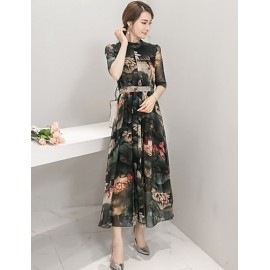 Women's Going out Vintage Swing Dress,Print Stand Maxi ? Sleeve Multi-color Polyester Summer