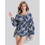 Women's Plus Size Vintage Fall T-shirt,Print Round Neck Long Sleeve Blue Polyester Opaque