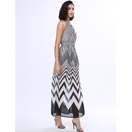 Women's Black & White Stripes Sexy Sleeveless Maxi Dress