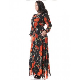 Women‘s Beach Trumpet/Mermaid Dress,Patchwork Stand Maxi Long Sleeve Orange Spandex Spring