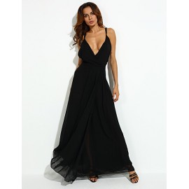 Women's Party/Cocktail Sexy Loose Dress,Solid V Neck Maxi Sleeveless Black Polyester Summer