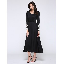 Women's Casual/Daily Simple Little Black / Swing Dress,Patchwork Round Neck Maxi Long Sleeve Black Polyester / Spandex Spring Mid Rise