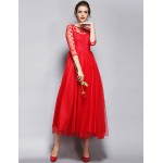 Women's Party/Cocktail Vintage A Line Dress Round Neck Maxi Long Sleeve Red / White Polyester All Seasons