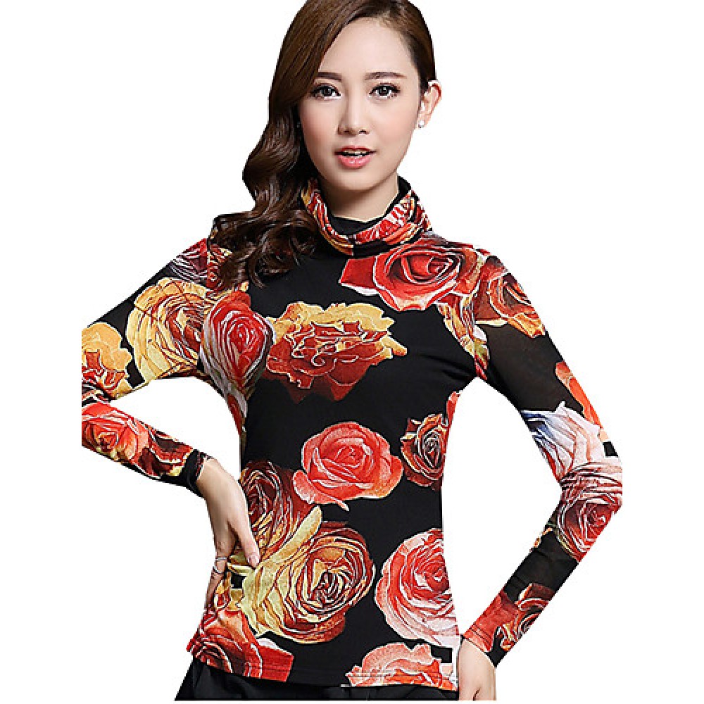 Spring/Fall Women's Casual/Daily Tops Turtleneck Long Sleeve Fashion Floral Printing Gauze Blouse Shirt