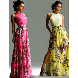 Women's Sexy / Boho Floral Sheath / Swing Dress , Crew Neck Maxi Polyester