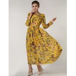 Women's Casual/Daily Swing Dress,Floral Crew Neck Maxi Long Sleeve Red / Yellow Polyester Spring