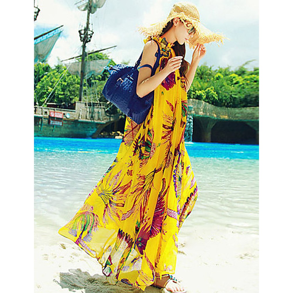 Beach Swing Dress,Print Maxi Sleeveless Yellow Summer Inelastic Thin