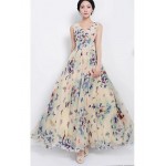 Women's Butterfly Print Beige Dress, Vintage/Print/Maxi U Neck Sleeveless Swing