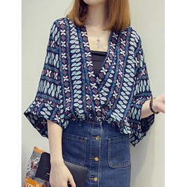 Women's Going out / Casual/Daily Vintage Summer Blouse,Print V Neck ? Sleeve Blue / Orange Polyester Thin