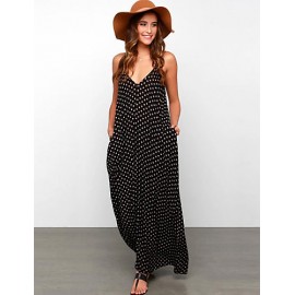 Women's Beach Boho Loose Dress,Polka Dot Strap Maxi Sleeveless Black Rayon Summer Low Rise Inelastic Opaque