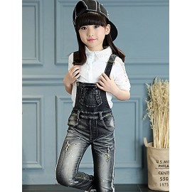 Girl's Cotton Spring/Autumn Fashion Print Jeans Pants Suspender Trousers Patchwork Solid Color Overalls  