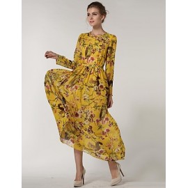 Women's Casual/Daily Swing Dress,Floral Crew Neck Maxi Long Sleeve Red / Yellow Polyester Spring