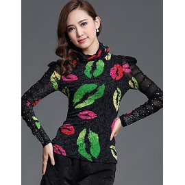 Fall Spring Going out Casual Plus Size Women's Tops Turtleneck Long Sleeve Printing Slim Blouse Black