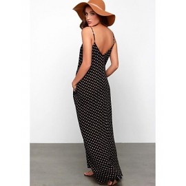 Women's Beach Boho Loose Dress,Polka Dot Strap Maxi Sleeveless Black Rayon Summer Low Rise Inelastic Opaque