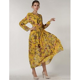 Women's Casual/Daily Swing Dress,Floral Crew Neck Maxi Long Sleeve Red / Yellow Polyester Spring