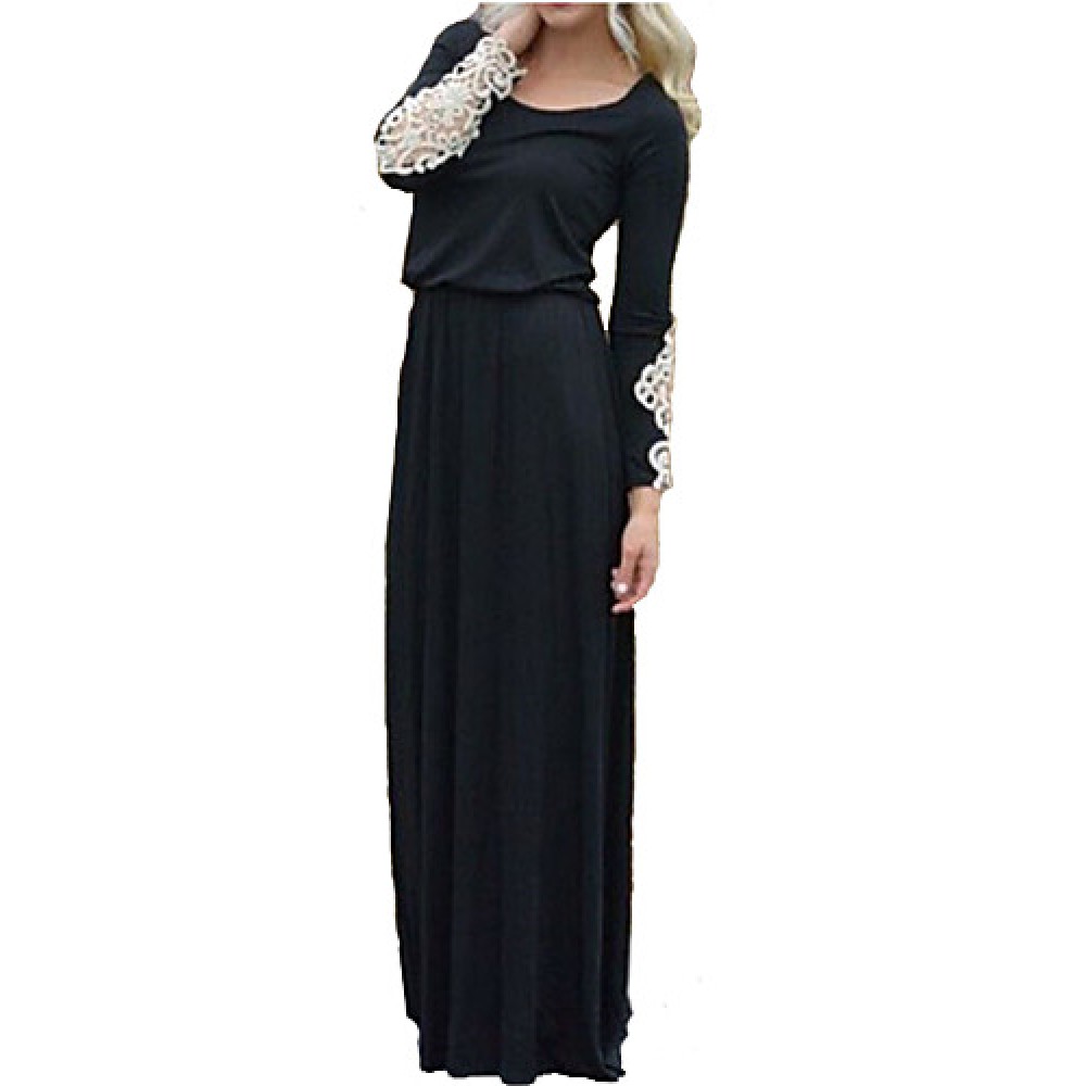 Women's Casual/Daily Simple Little Black / Swing Dress,Patchwork Round Neck Maxi Long Sleeve Black Polyester / Spandex Spring Mid Rise