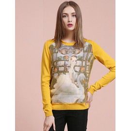 Women's Going out Street chic Spring / Fall T-shirtPrint Round Neck Long Sleeve White / Yellow Cotton