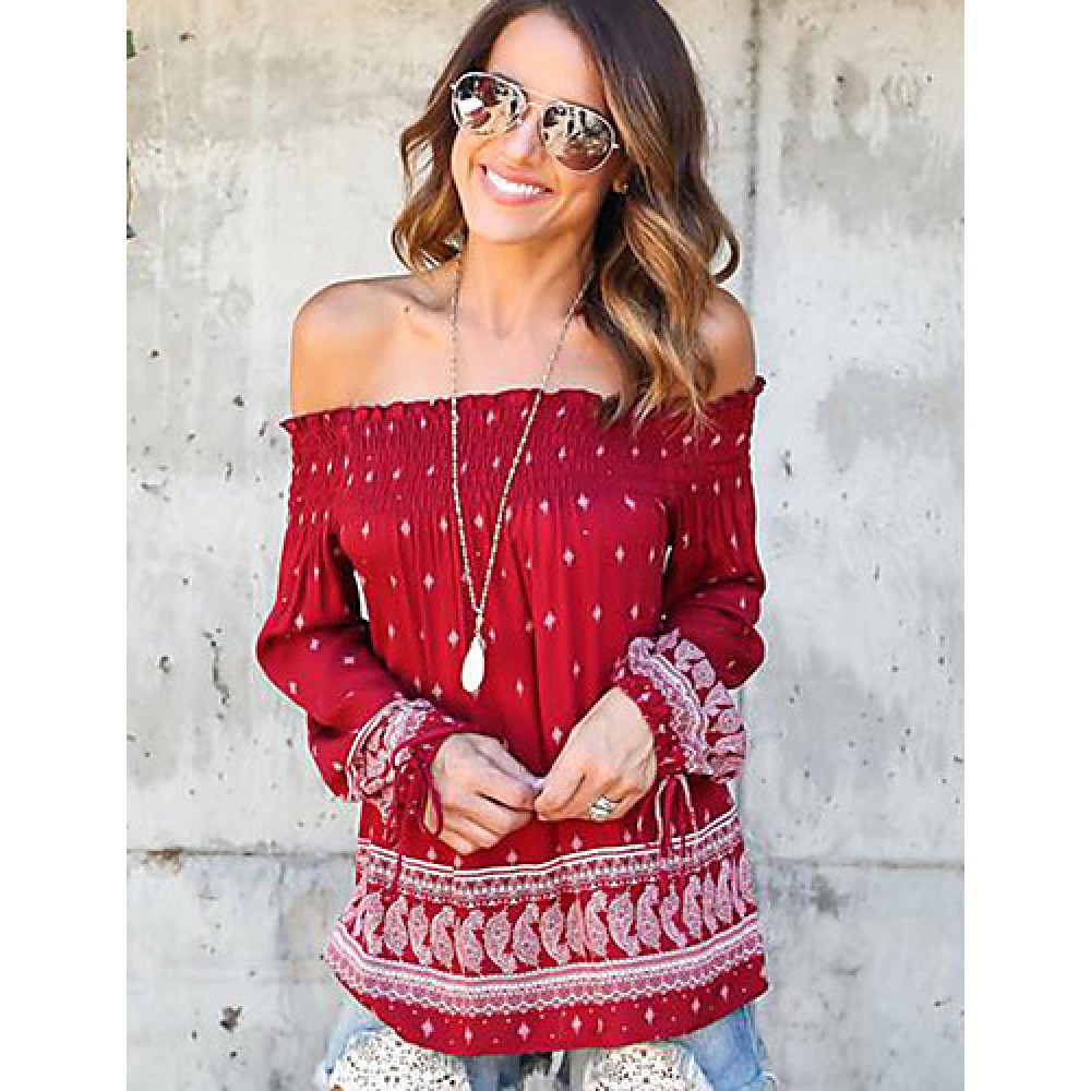 Women's Casual/Daily Sexy / Street chic Backless Bandage Spring / Fall T-shirt Print Boat Neck Long Sleeve Red