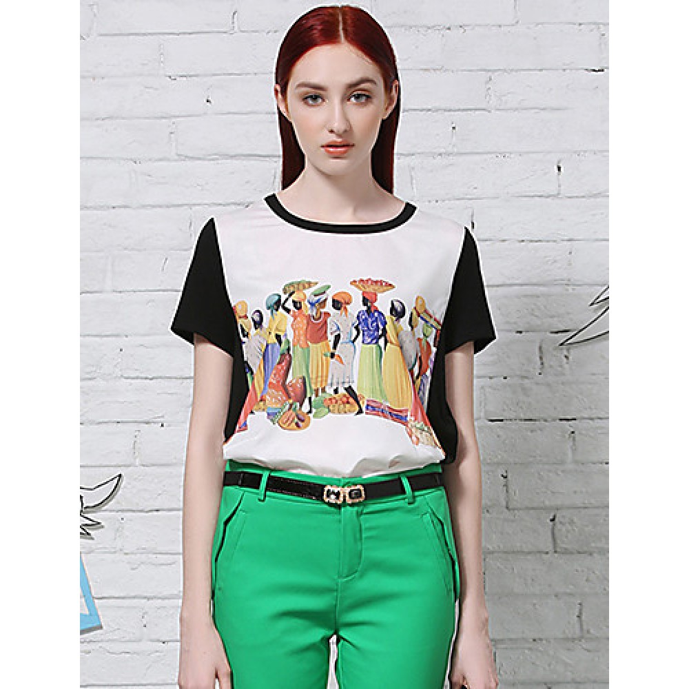 Women's Casual/Daily Vintage Summer T-shirtPrint / Color Block Round Neck Short Sleeve