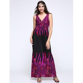 Women's Print Blue/Orange/Purple Dress,Maxi Deep V Sleeveless 