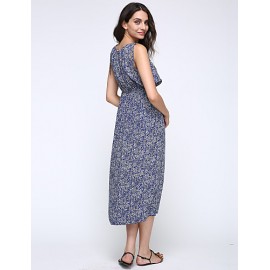 Women's Casual/Daily / Holiday / Plus Size Boho Chiffon / Swing Dress,Print Round Neck Midi Sleeveless Blue Polyester Summer High Rise