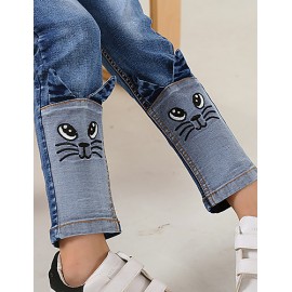 Girl's Cotton Spring/Autumn Fashion Patchwork Cat Pattern Children Skinny Jeans  